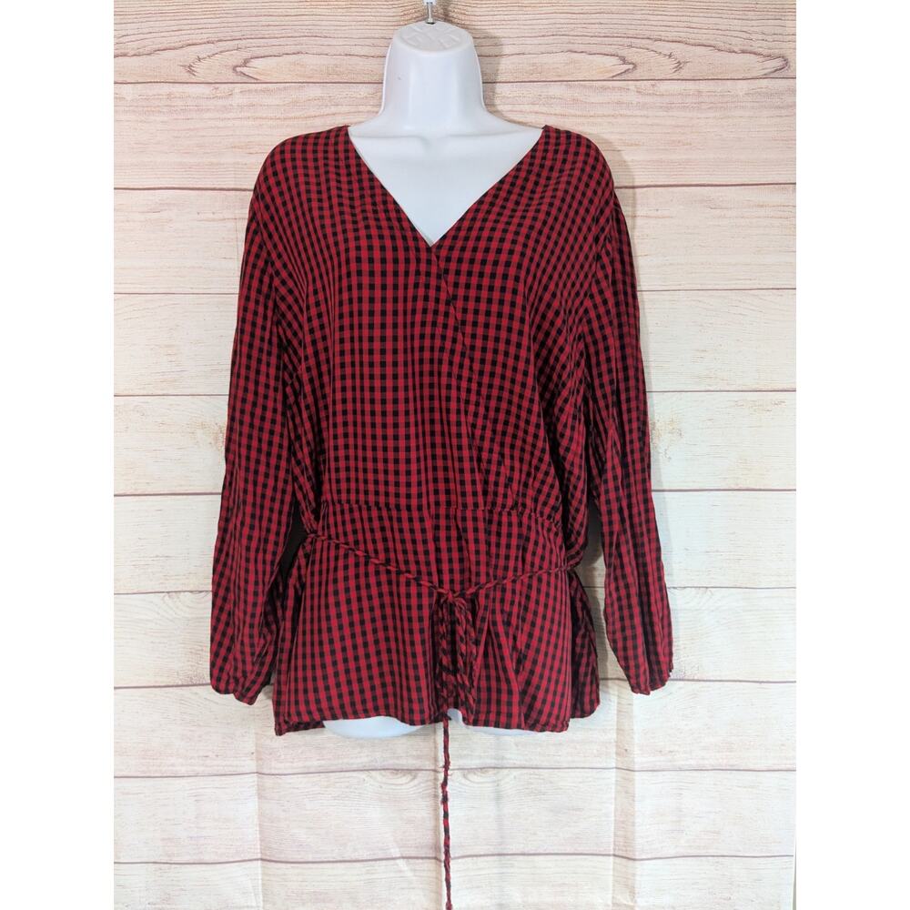 Old Navy Womens Shirt 2XL Red Black Check Pullover V Neck Tie Waist Lightweight